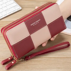 Dames lange portemonnee driekleurig patchwork dubbele rits clutch tas stijlvol