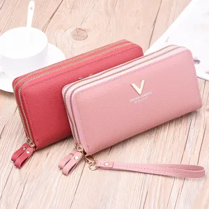 Long women wallet double zipper PU leather clutch purse with wrist strap and metal V decor detail
