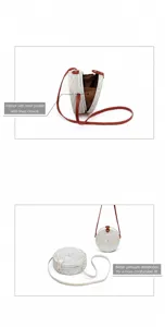 White rattan straw woven crossbody bag detail view showing interior lining and shoulder strap.