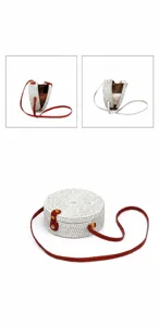 White rattan woven round crossbody bag, stylish vintage straw shoulder bag for women.