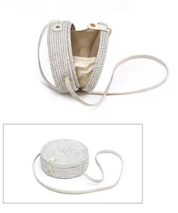 White woven round rattan crossbody bag, bohemian straw shoulder bag for women daily use.