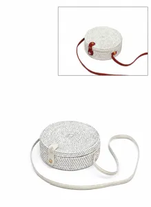 White Woven Round Crossbody Bag Straw Shoulder Bag Artistic Style Handbag Details