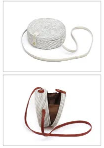Detailed view of the round woven rattan crossbody bag, showing texture and interior structure.