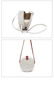 Detailed view of white round woven rattan crossbody bag with brown leather strap and closure.