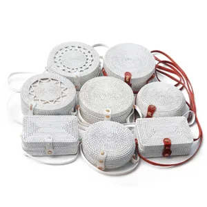 White Rattan Woven Crossbody Bag Pastoral Literary Straw Shoulder Bag Handcrafted Casual Daily Purse For Women