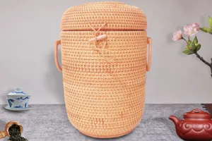 Vietnamese handmade woven rattan tea storage jar with lid, large container for loose puer tea.