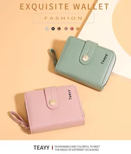 Womens short PU leather wallet card holder zipper coin purse with wrist strap stylish