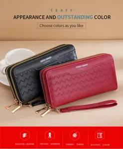 Women long wallet PU leather zip coin purse multi-card slots clutch handbag daily use.