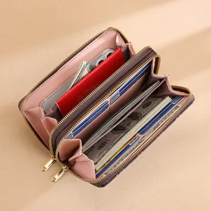 Cartera larga de mujer con cremallera doble gran capacidad bolso de mano de cuadros
