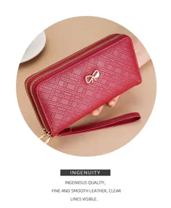 Damen Lange Geldbörse Doppel Reißverschluss Clutch PU Leder Handy Tasche Rot Schick
