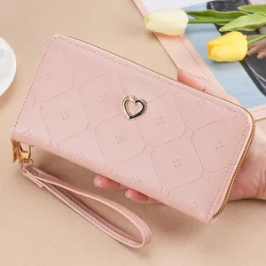 Women Fashion Long Wallet Double Zipper Clutch Bag PU Leather Geometric Embossed Heart Pendant Card Holder Purse Wristlet