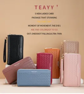 Women long woven wallet multi-card zipper purse with wrist strap stylish ladies card bag