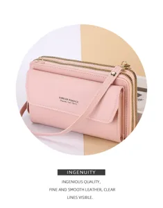 Rose sac bandoulière multifonction pour téléphone, portefeuille long double fermeture pour femmes.
