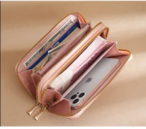 Women's long double zipper wallet with large capacity card slots and phone compartment.