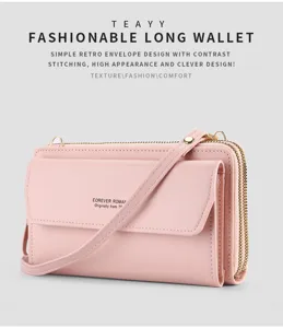 Rose portefeuille long sac bandoulière téléphone double fermeture éclair cuir PU femme