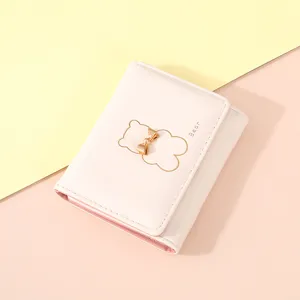Roze korte vrouwen portemonnee schattige beren strik drievoudige PU lederen tas