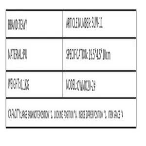 Detailed specification chart of the women PU wallet showing size, weight, and capacity.