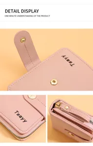 Pink women's short wallet with snap button and zipper, multiple card slots and coin pocket.