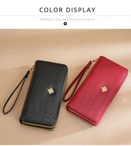 Women long double zipper wallet crocodile pattern PU leather clutch bag fashion purse