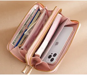 Pink double zipper long wallet interior detail showing card slots and large capacity design.