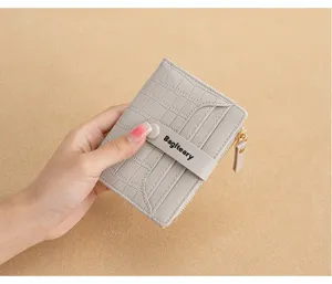 Women bifold short wallet grey PU leather crocodile pattern card holder daily coin purse