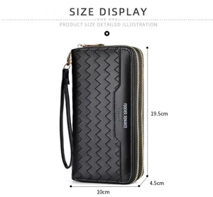 Detailed view of women's long black wallet with multiple card slots and large capacity design.