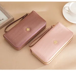 Women's long double zipper wallet with crocodile pattern, large capacity clutch purse.