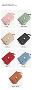Close-up of multi-color short women wallet with snap closure and card slots details.