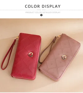 Women long double zipper wallet fashion pu leather clutch handbag with heart charm