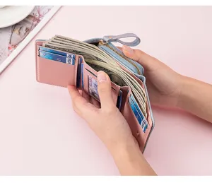 Damen kurze Geldbörse Mehrere Kartenfächer Münzfach Reißverschluss Kartenetui Frühling rosa