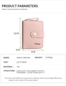 Women short PU wallet card holder with zipper pocket and snap button closure pink compact size