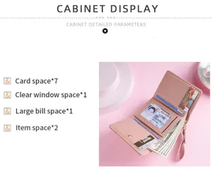Women pink short wallet with multi card slots, zipper pocket and clear ID window for daily use.
