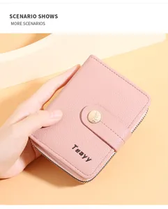 Short women wallet pink pu leather card holder cute zipper coin purse daily casual bag