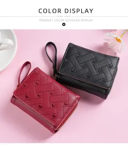 Women short wallet pu leather quilted heart design purses with wrist strap color display