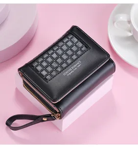 Black short wallet for women, fashion PU leather coin purse with grid pattern and wrist strap.