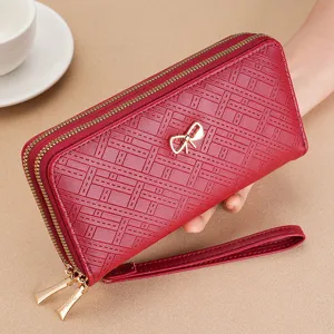 Damen rote lange Geldbörse Doppelreißverschluss Clutch Tasche große Kapazität Leder.