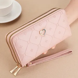 Pink double zipper long wallet for women, large capacity pu leather clutch with wrist strap.