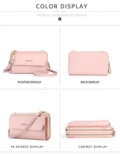 Sac bandoulière rose pour femme avec double zip, portefeuille élégant et sac de téléphone.