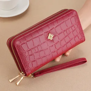 Women long wallet double layer zipper red clutch bag large capacity elegant wrist strap