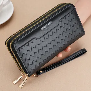 Women's long wallet black double zipper chic chevron pattern casual purse with strap.