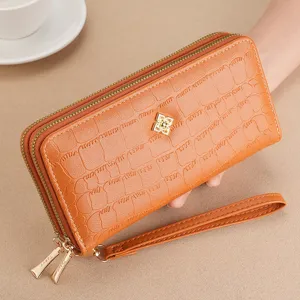 Women long double zipper wallet orange crocodile pattern clutch bag large capacity purse