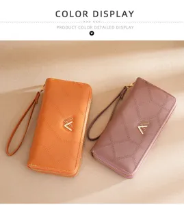 Damen lange gesteppte doppelte Reißverschluss Brieftasche mit Handschlaufe und Logo