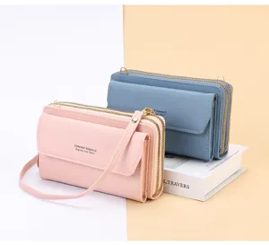 Sac bandoulière long élégant pour femme portefeuille pochette téléphone double zippé