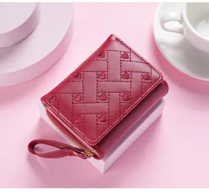 Women short red wallet with embroidered heart pattern chic stylish daily use coin purse