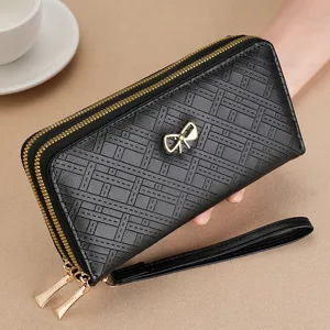 Damen lange Geldbörse Clutch schwarz PU Leder große Kapazität Kartenhalter mit Handschlaufe