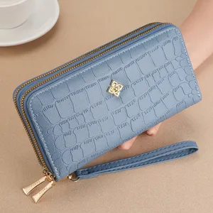 Blue long double zipper women wallet with wrist strap stylish large capacity leather purse