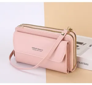 Sac bandoulière téléphone cuir rose double fermeture éclair détail, design chic et pratique.