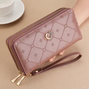 Women long double zipper wallet handbag detail view, fashion casual large capacity purse.