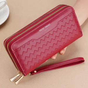 Vintage PU Leather Long Bifold Clutch Wallet For Women Large Capacity Dual Zipper Card Holder Phone Pouch With Wrist Strap