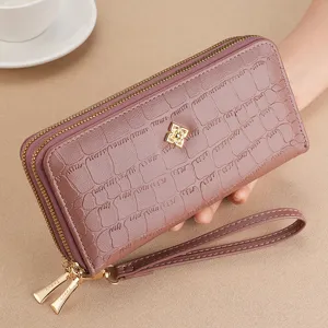 Women's long double zipper wallet purple crocodile pattern PU leather clutch bag with wrist strap